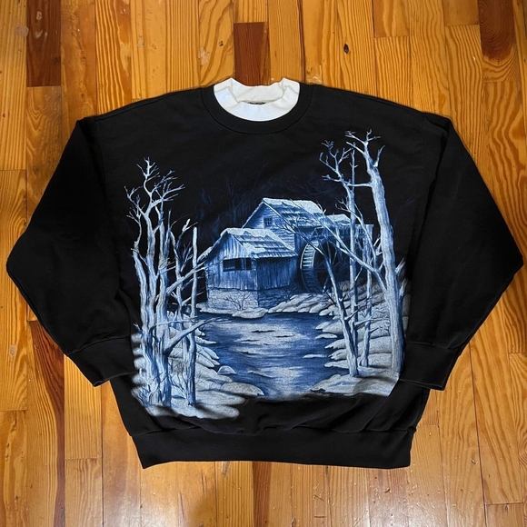 Basic Editions Black and Blue Graphic Crewneck Sweater - Picture 1 of 3
